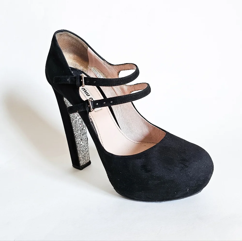 Miu Miu Black Suede Glitter Sole Mary Jane Heels, Size 38 - Picture 4 of 12